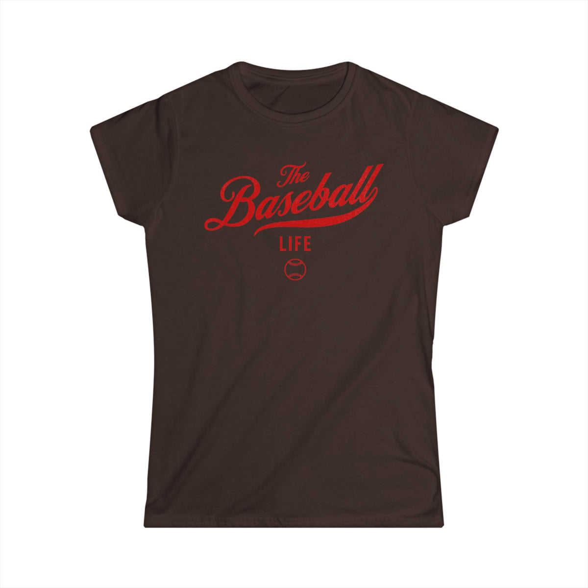 A women's chocolate brown cap-sleeve crewneck t-shirt with a red logo graphic on the front reading 'The Baseball Life' and a small baseball icon, displayed on a solid white background.