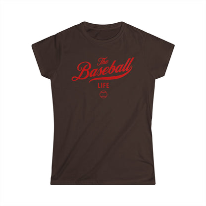 A women's chocolate brown cap-sleeve crewneck t-shirt with a red logo graphic on the front reading 'The Baseball Life' and a small baseball icon, displayed on a solid white background.