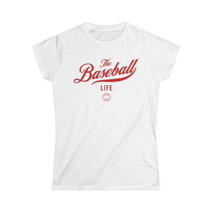 A women's white cap-sleeve crewneck t-shirt with a red logo graphic on the front reading 'The Baseball Life' and a small baseball icon, displayed on a solid white background.