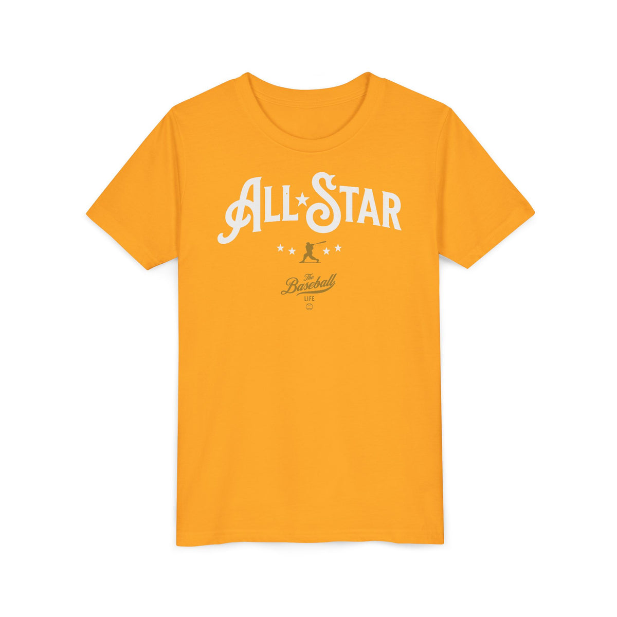 A gold t-shirt with All-Star in vintage-style lettering across the chest, with a nostalgic baseball player and stars.