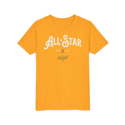 A gold t-shirt with All-Star in vintage-style lettering across the chest, with a nostalgic baseball player and stars.