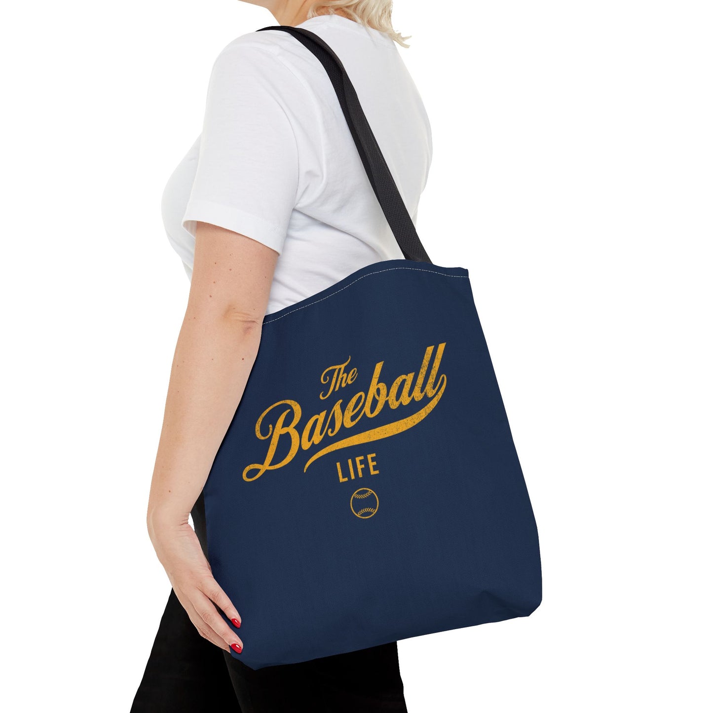 The Baseball Life Tote Bag_Navy w Yellow Gold Print
