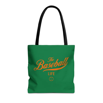 The Baseball Life Tote Bag_Green w Orange Print