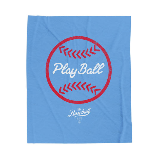 Velveteen Plush Blanket_Play Ball Graphic Baseball_Carolina Blue