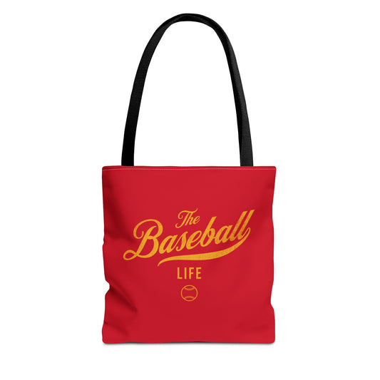 The Baseball Life Tote Bag_Red w Yellow Gold Print