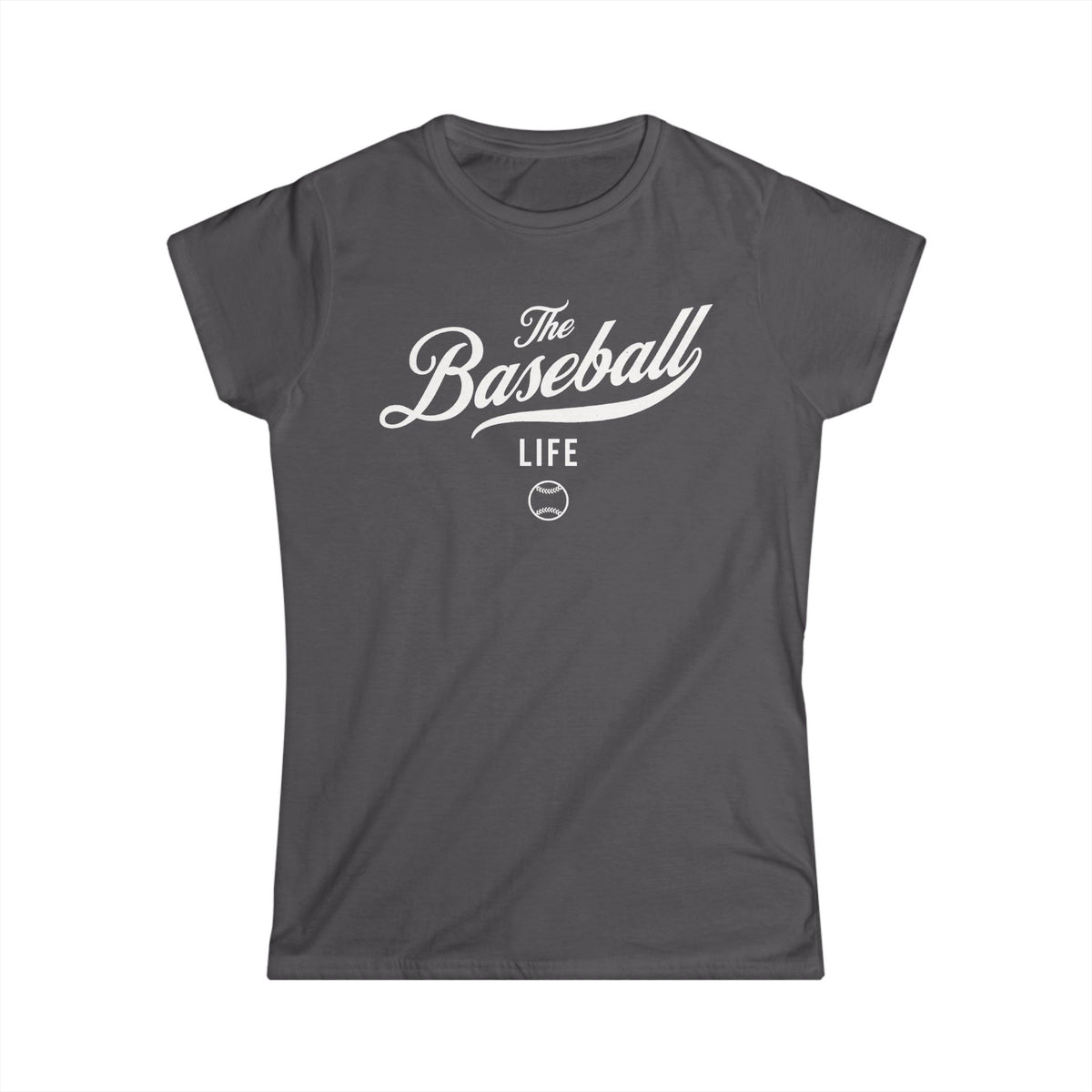 A women's charcoal grey cap-sleeve crewneck t-shirt with a white logo graphic on the front reading 'The Baseball Life' and a small baseball icon, displayed on a solid white background.