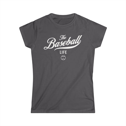 A women's charcoal grey cap-sleeve crewneck t-shirt with a white logo graphic on the front reading 'The Baseball Life' and a small baseball icon, displayed on a solid white background.