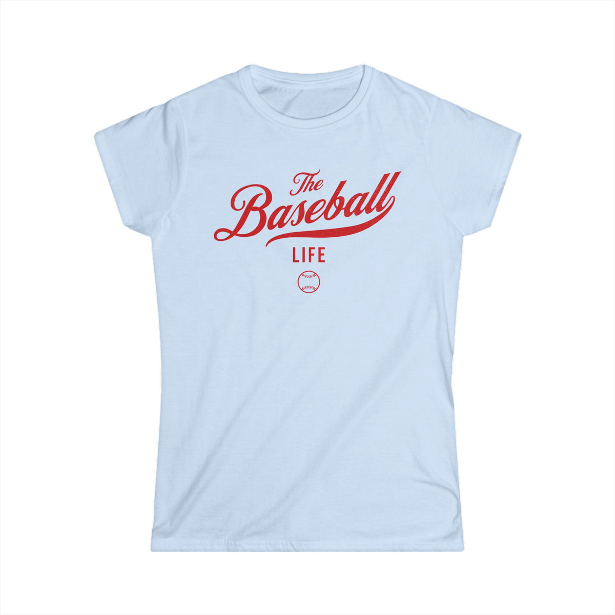 A women's light blue cap-sleeve crewneck t-shirt with a red logo graphic on the front reading 'The Baseball Life' and a small baseball icon, displayed on a solid white background.