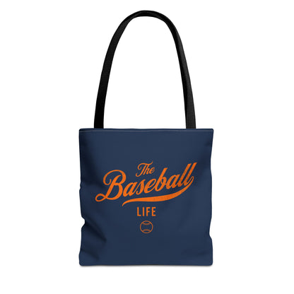 The Baseball Life Tote Bag_Navy w Orange Print