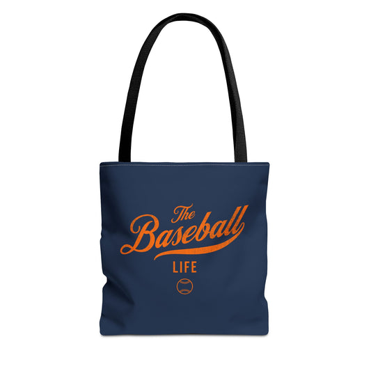 The Baseball Life Tote Bag_Navy w Orange Print