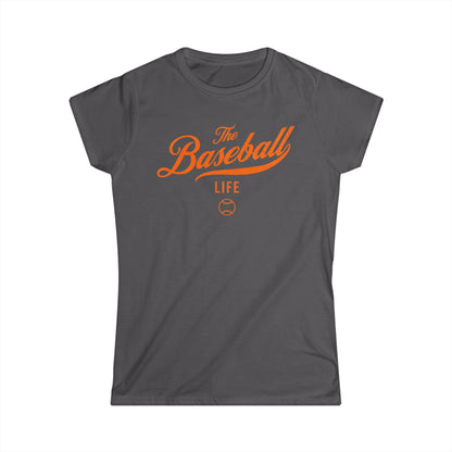 A women's charcoal grey cap-sleeve t-shirt with an orange The Baseball Life logo printed across the chest.