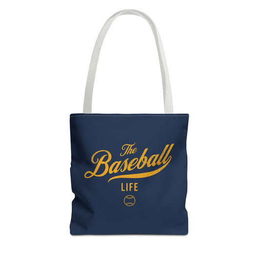 The Baseball Life Tote Bag_Navy w Yellow Gold Print