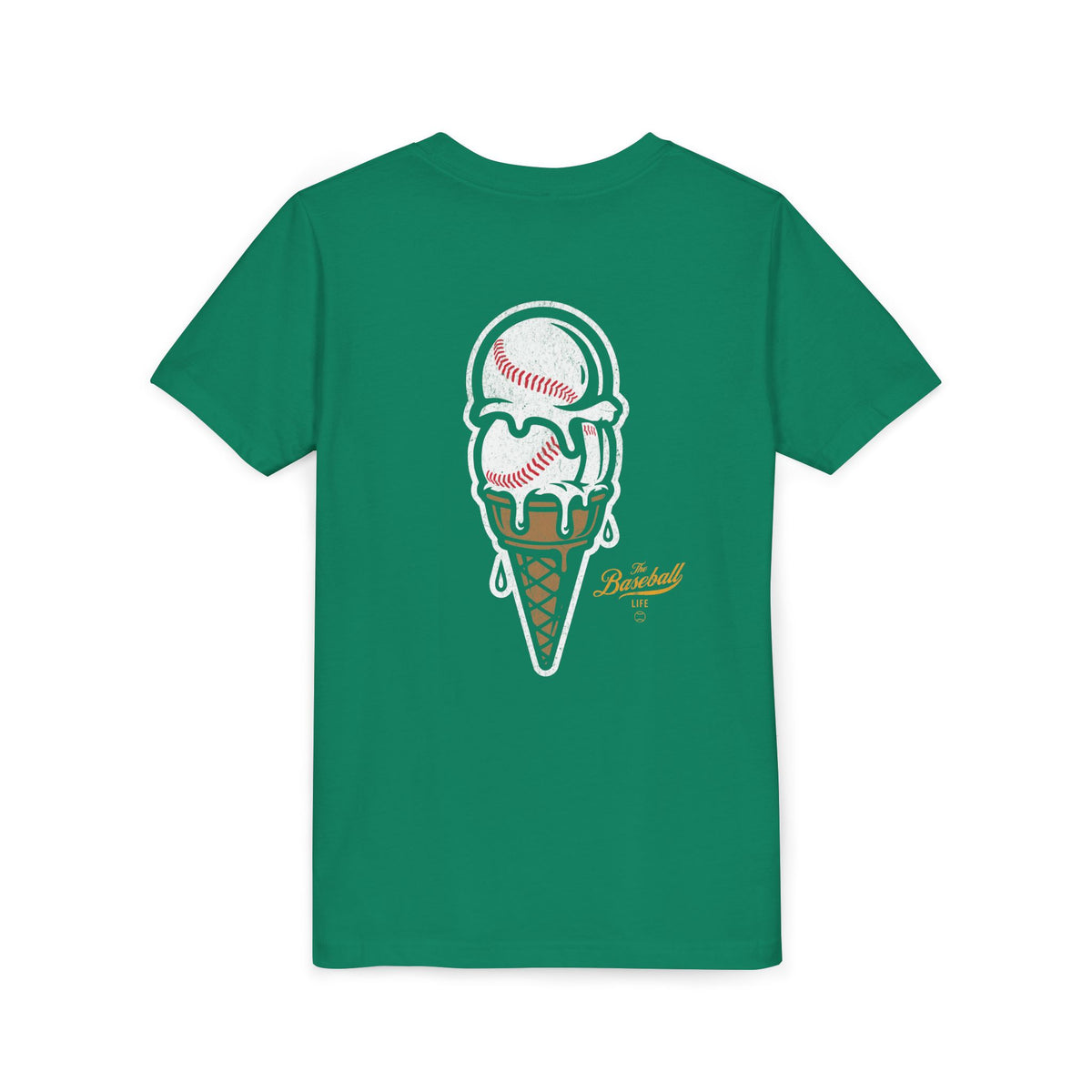 A kelly green t-shirt with a dripping double-scoop ice cream cone made of baseballs.