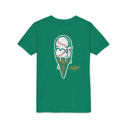 A kelly green t-shirt with a dripping double-scoop ice cream cone made of baseballs.
