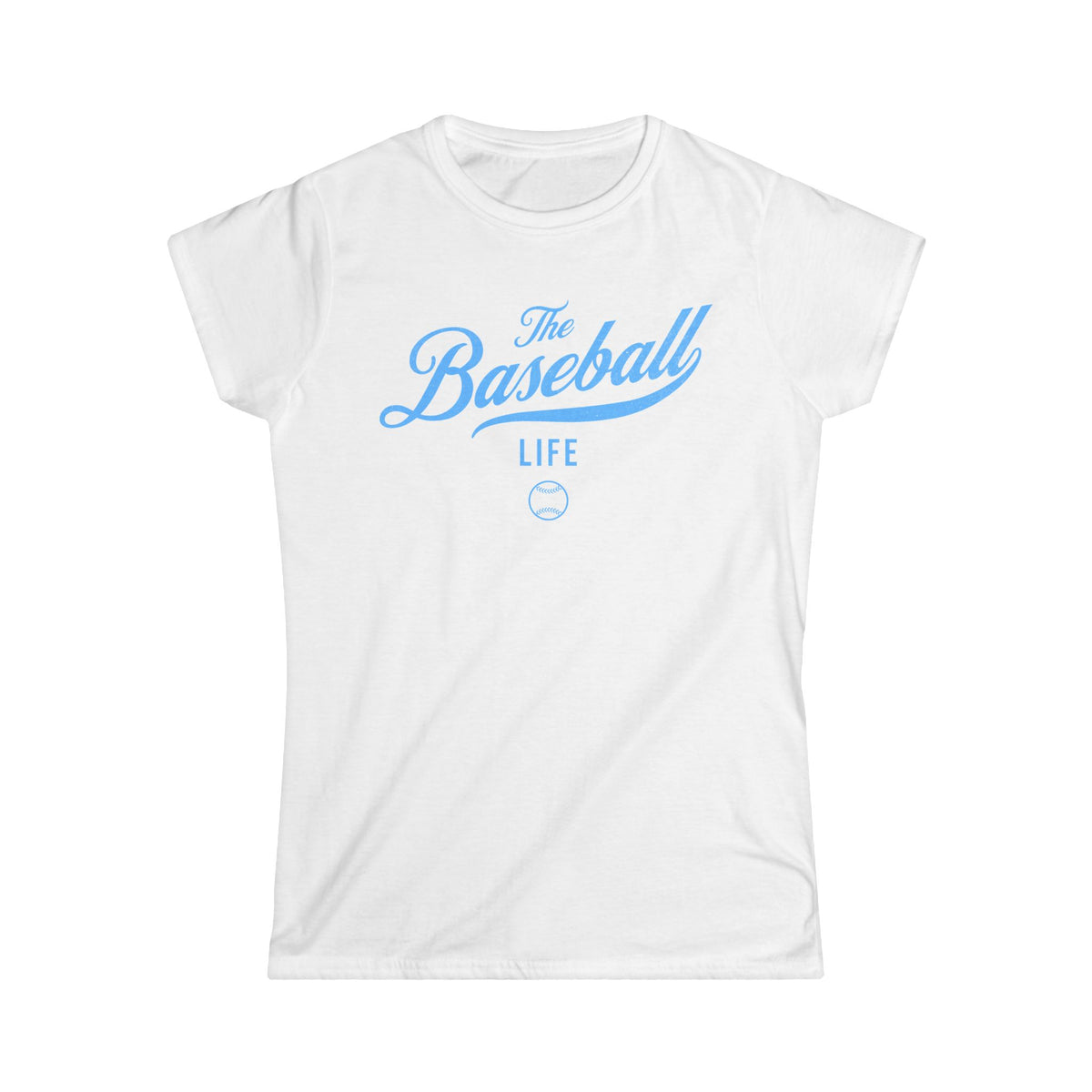 A women's white cap-sleeve crewneck t-shirt with a Carolina Blue logo graphic on the front reading 'The Baseball Life' and a small baseball icon, displayed on a solid white background.