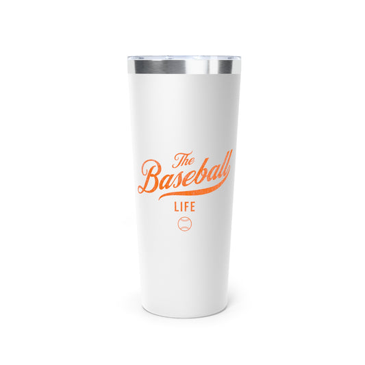 The Baseball Life 22oz Insulated Travel Tumbler_White w Orange Print