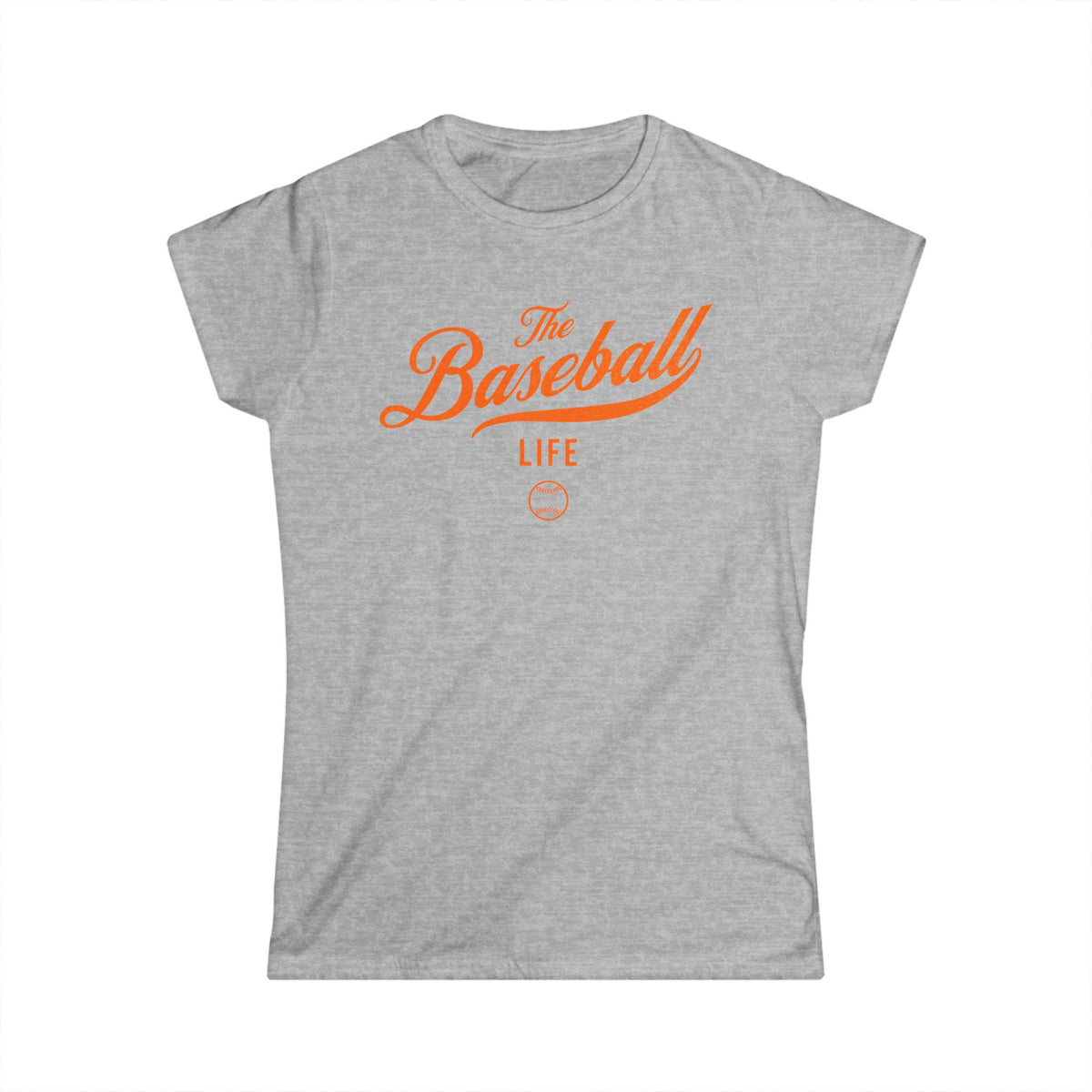 A women's sport grey cap-sleeve t-shirt with an orange The Baseball Life logo printed across the chest.