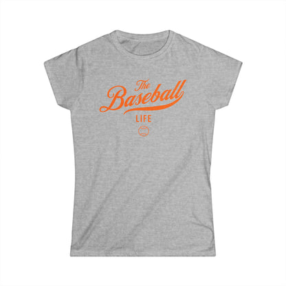 A women's sport grey cap-sleeve t-shirt with an orange The Baseball Life logo printed across the chest.