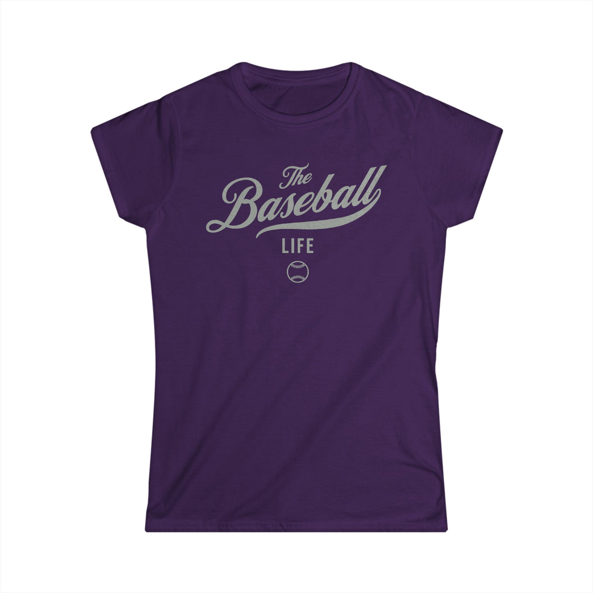 A women's purple cap-sleeve t-shirt with a silver gray The Baseball Life logo printed across the chest.