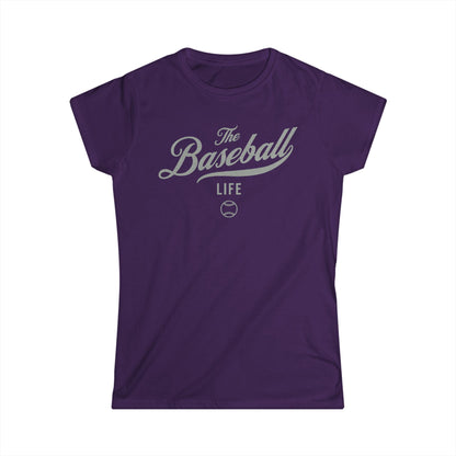A women's purple cap-sleeve t-shirt with a silver gray The Baseball Life logo printed across the chest.