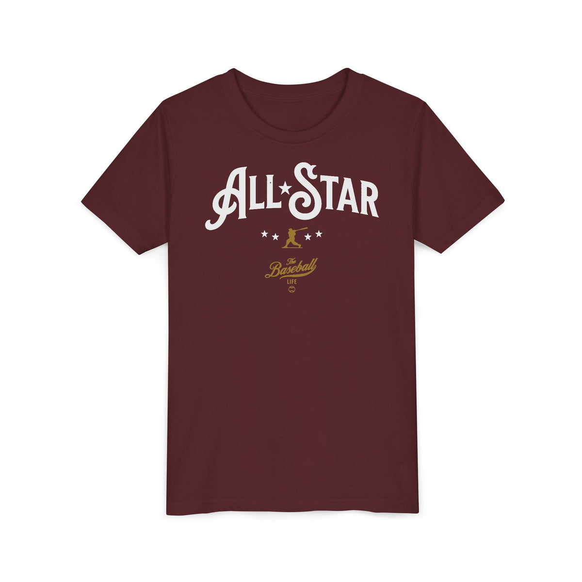 A maroon t-shirt with All-Star in vintage-style lettering across the chest, with a nostalgic baseball player and stars.