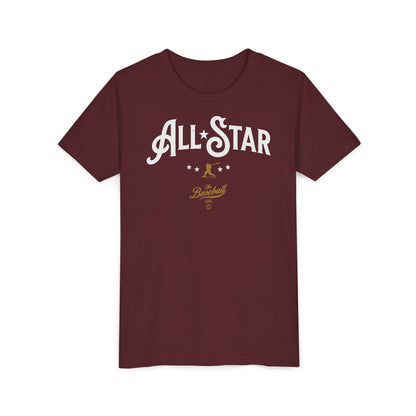 A maroon t-shirt with All-Star in vintage-style lettering across the chest, with a nostalgic baseball player and stars.