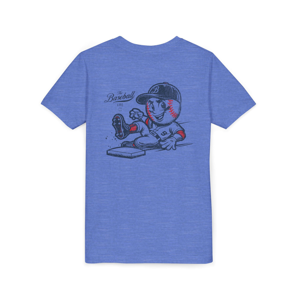 A heather blue t-shirt with a baseball mascot wearing a baseball uniform sliding into a base, kicking up dirt.