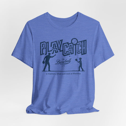 Heather Carolina blue short-sleeve crew neck t-shirt featuring Play Catch graphic of father and son playing a game of catch.
