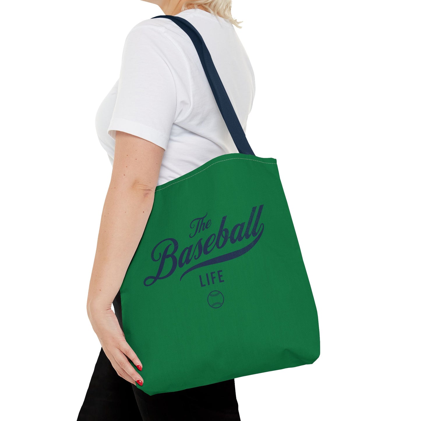 The Baseball Life Tote Bag_Green w Navy Print