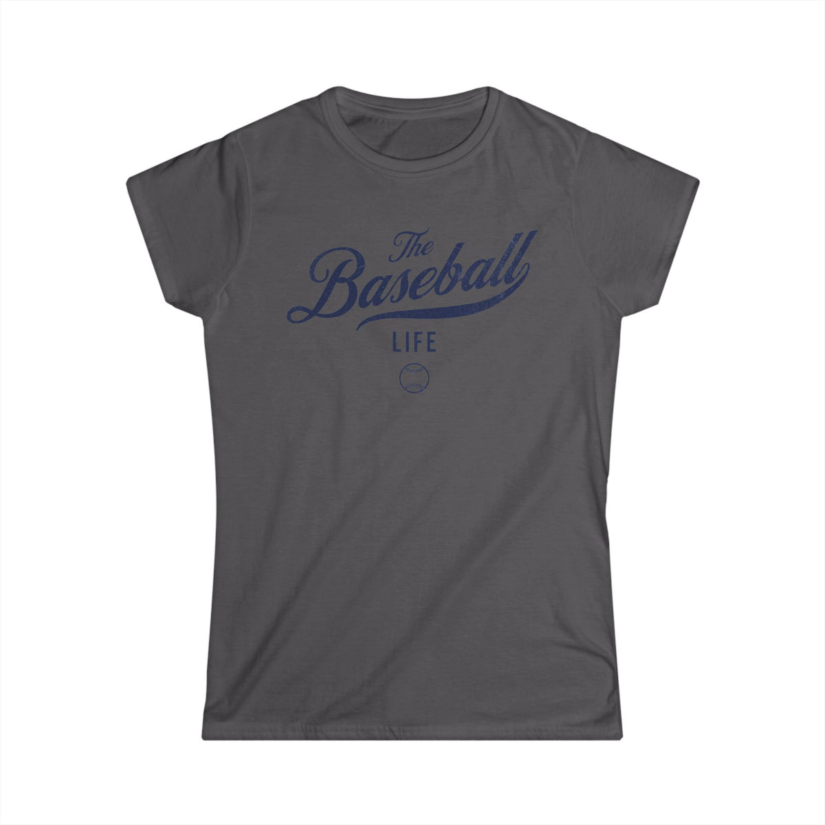 A women's charcoal grey cap-sleeve t-shirt with a navy blue The Baseball Life logo printed across the chest.