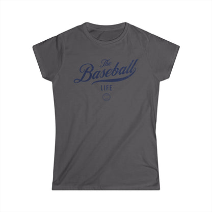 A women's charcoal grey cap-sleeve t-shirt with a navy blue The Baseball Life logo printed across the chest.