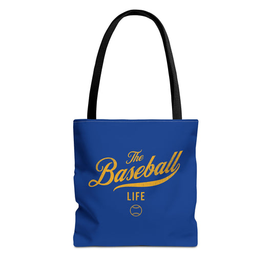 The Baseball Life Tote Bag_Royal Blue w Yellow Gold Print