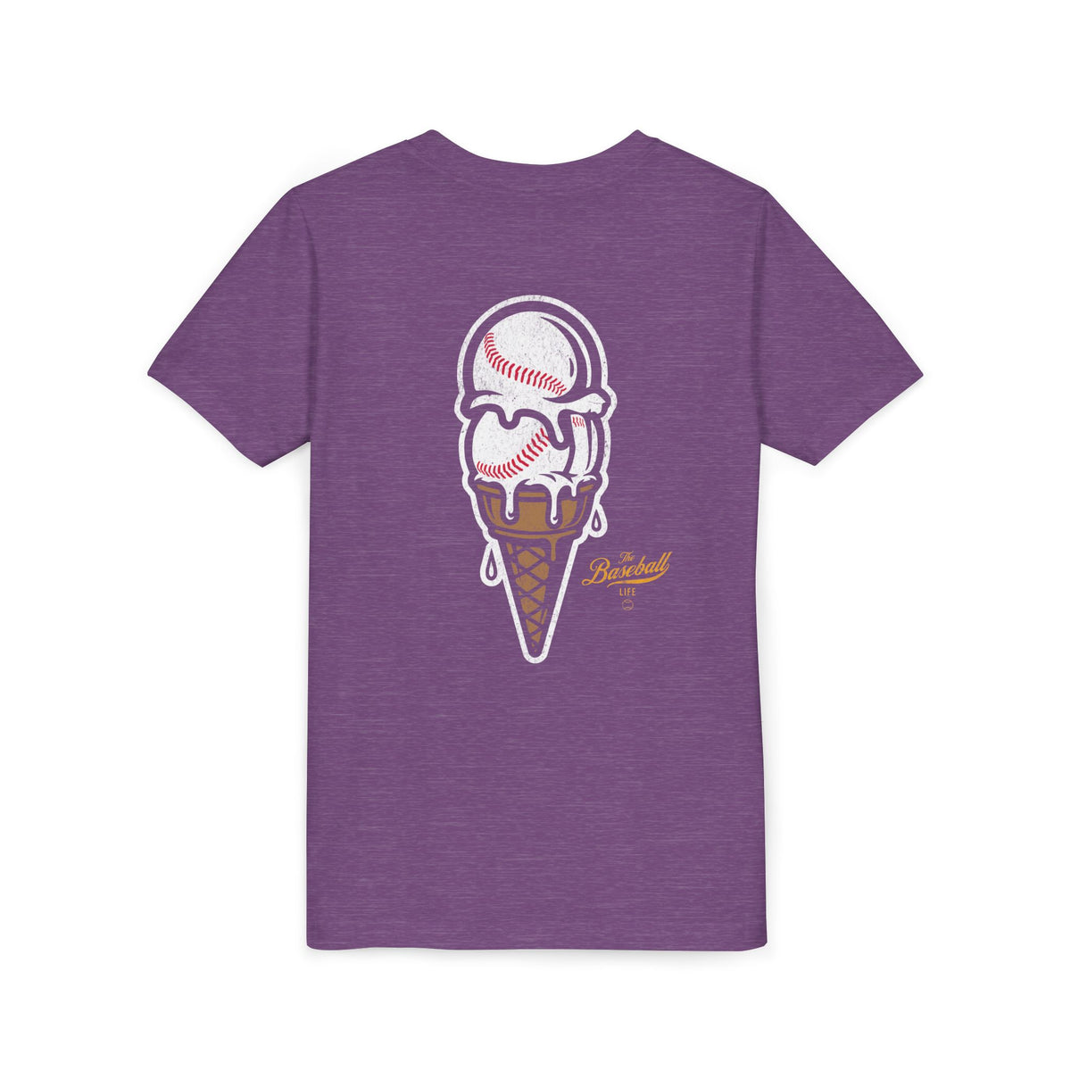 A heather purple t-shirt with a dripping double-scoop ice cream cone made of baseballs.