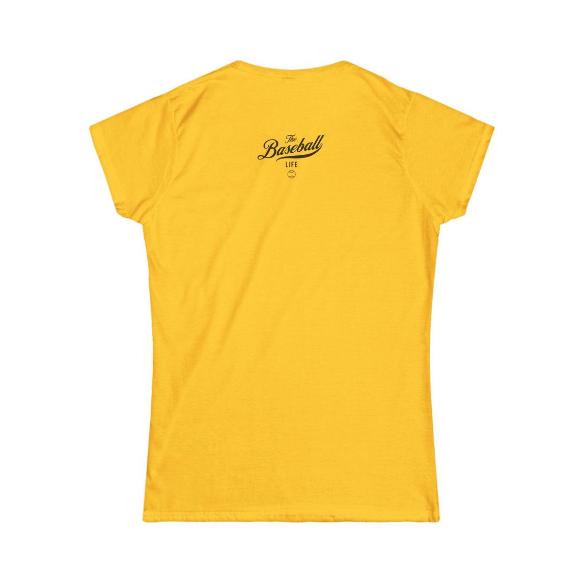 A women's daisy yellow cap-sleeve t-shirt shown from the back with a black The Baseball Life logo.