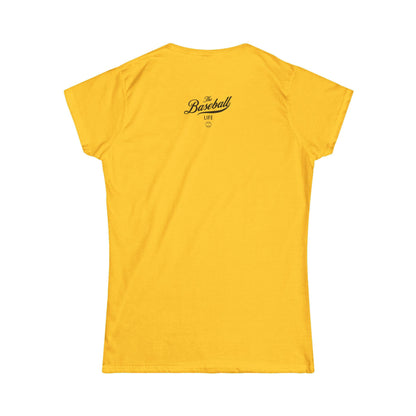 A women's daisy yellow cap-sleeve t-shirt shown from the back with a black The Baseball Life logo.