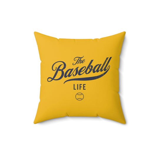 The Baseball Life Accent Pillow_Yellow w Navy Print