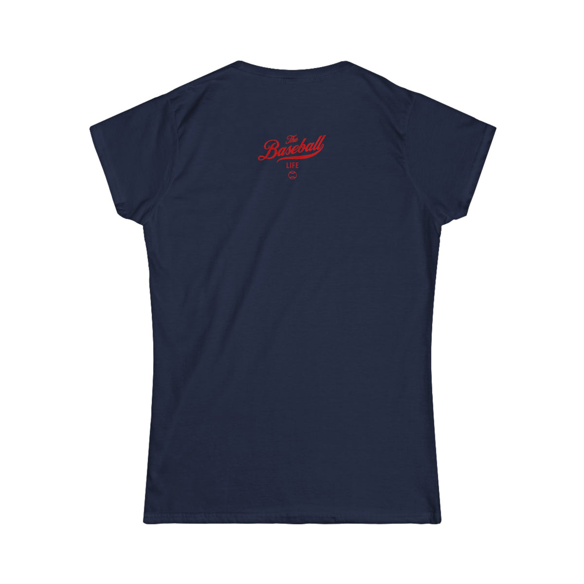 A women's navy cap-sleeve crewneck t-shirt shown from the back with a red graphic reading 'The Baseball Life' and a small baseball icon, displayed on a solid white background.