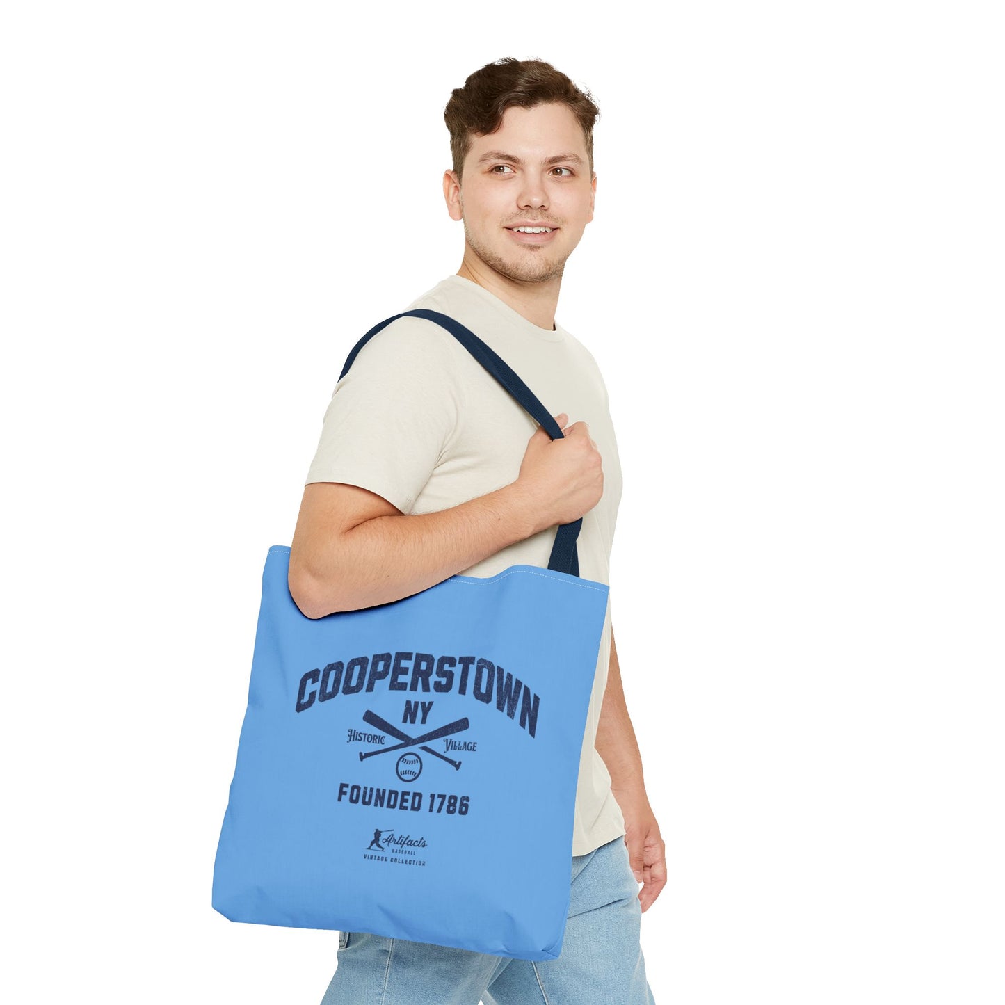 Cooperstown, NY Tote Bag_Carolina Blue w Navy Print