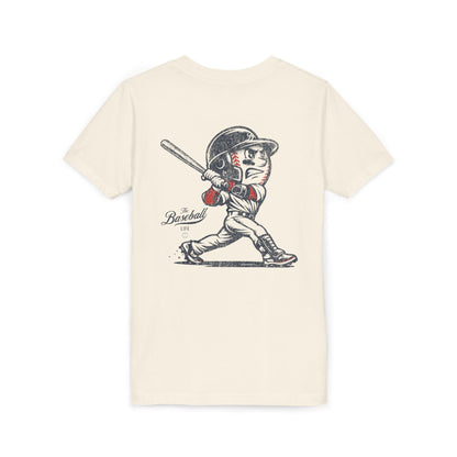 An off-white natural t-shirt featuring a baseball mascot hitting a home run.