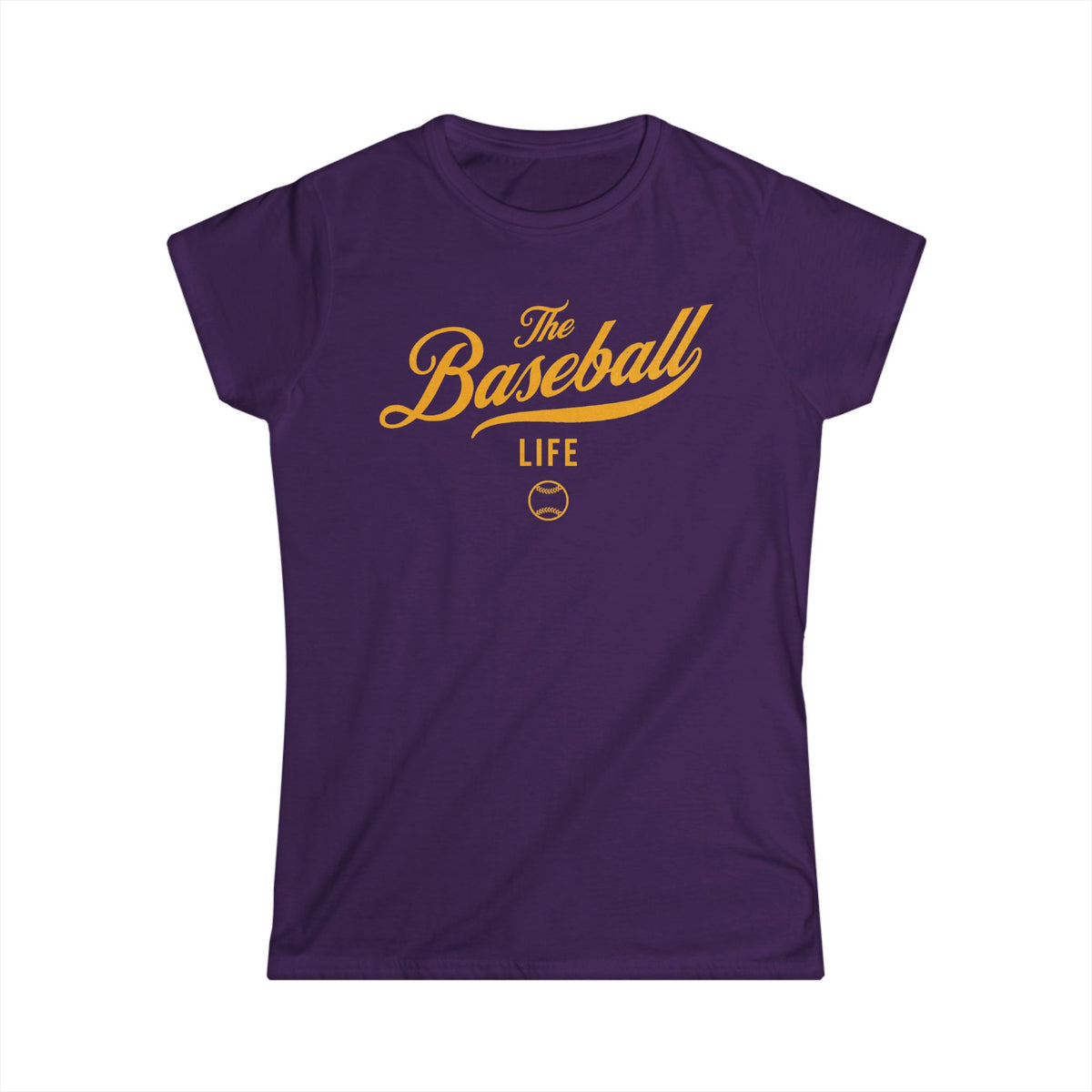 A women's purple cap-sleeve crewneck t-shirt with a yellow gold logo graphic on the front reading 'The Baseball Life' and a small baseball icon, displayed on a solid white background.