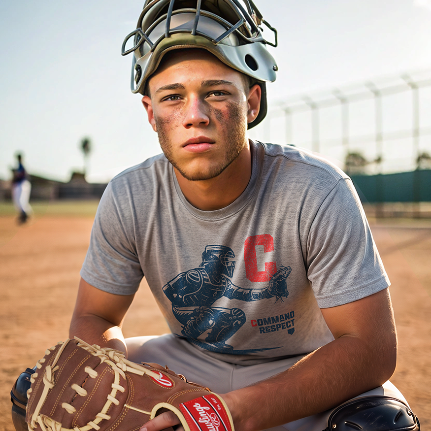A crouched baseball catcher wearing an athletic heather gray Catcher Command Respect t-shirt and catcher's gear on the field.