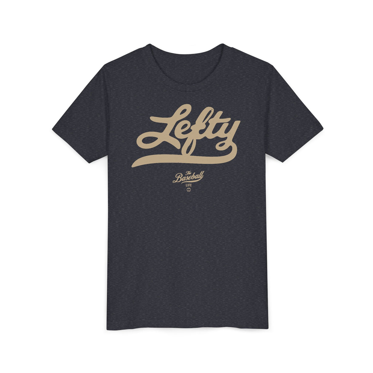 A heather navy youth baseball t-shirt with vintage script lettering "Lefty" printed across the chest.