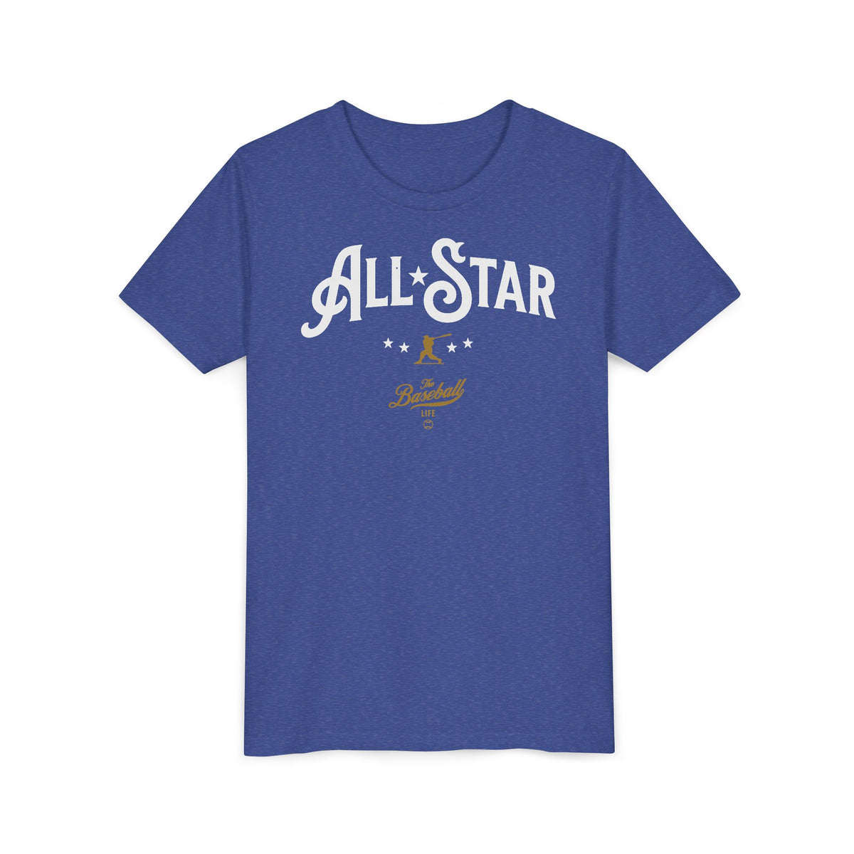 A heather blue t-shirt with All-Star in vintage-style lettering across the chest, with a nostalgic baseball player and stars.