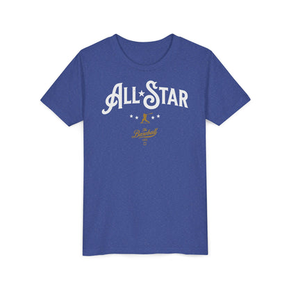 A heather blue t-shirt with All-Star in vintage-style lettering across the chest, with a nostalgic baseball player and stars.