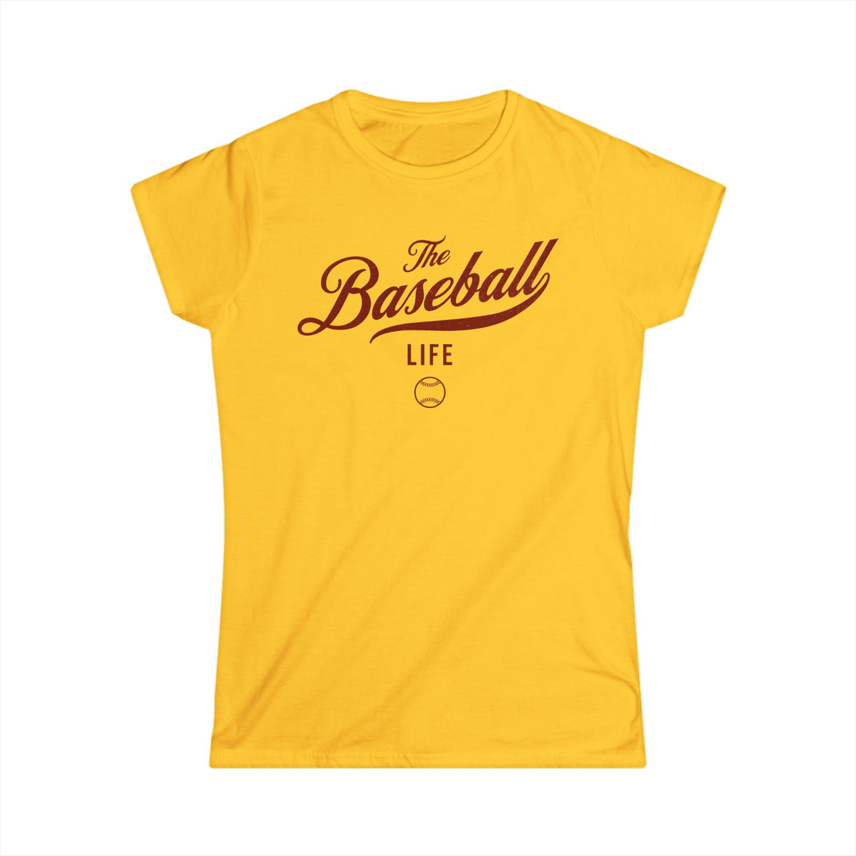 A women's daisy yellow cap-sleeve crewneck t-shirt with a maroon logo graphic on the front reading 'The Baseball Life' and a small baseball icon, displayed on a solid white background.