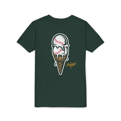 A forest green t-shirt with a dripping double-scoop ice cream cone made of baseballs.