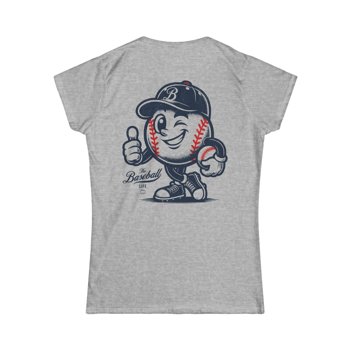 A heather gray short-sleeve t-shirt shown from the back, featuring a cartoon baseball mascot wearing a navy blue cap with a white 'B' logo and giving a thumbs-up.