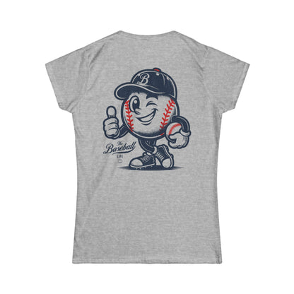 A heather gray short-sleeve t-shirt shown from the back, featuring a cartoon baseball mascot wearing a navy blue cap with a white 'B' logo and giving a thumbs-up.
