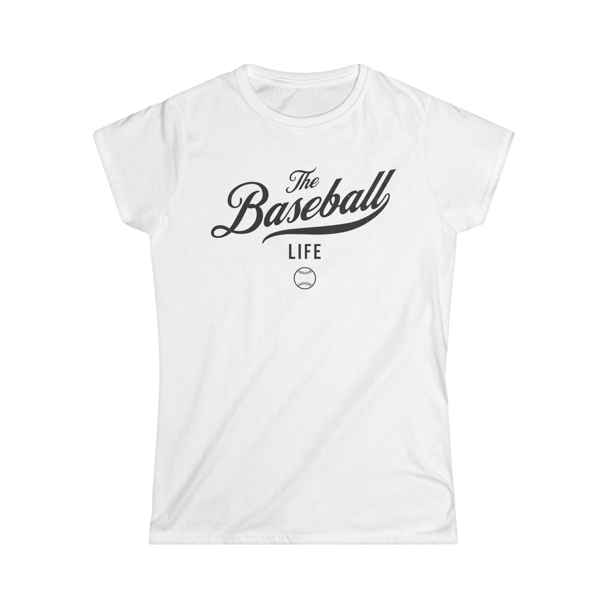 A women's white cap-sleeve t-shirt with a black The Baseball Life logo printed across the chest.