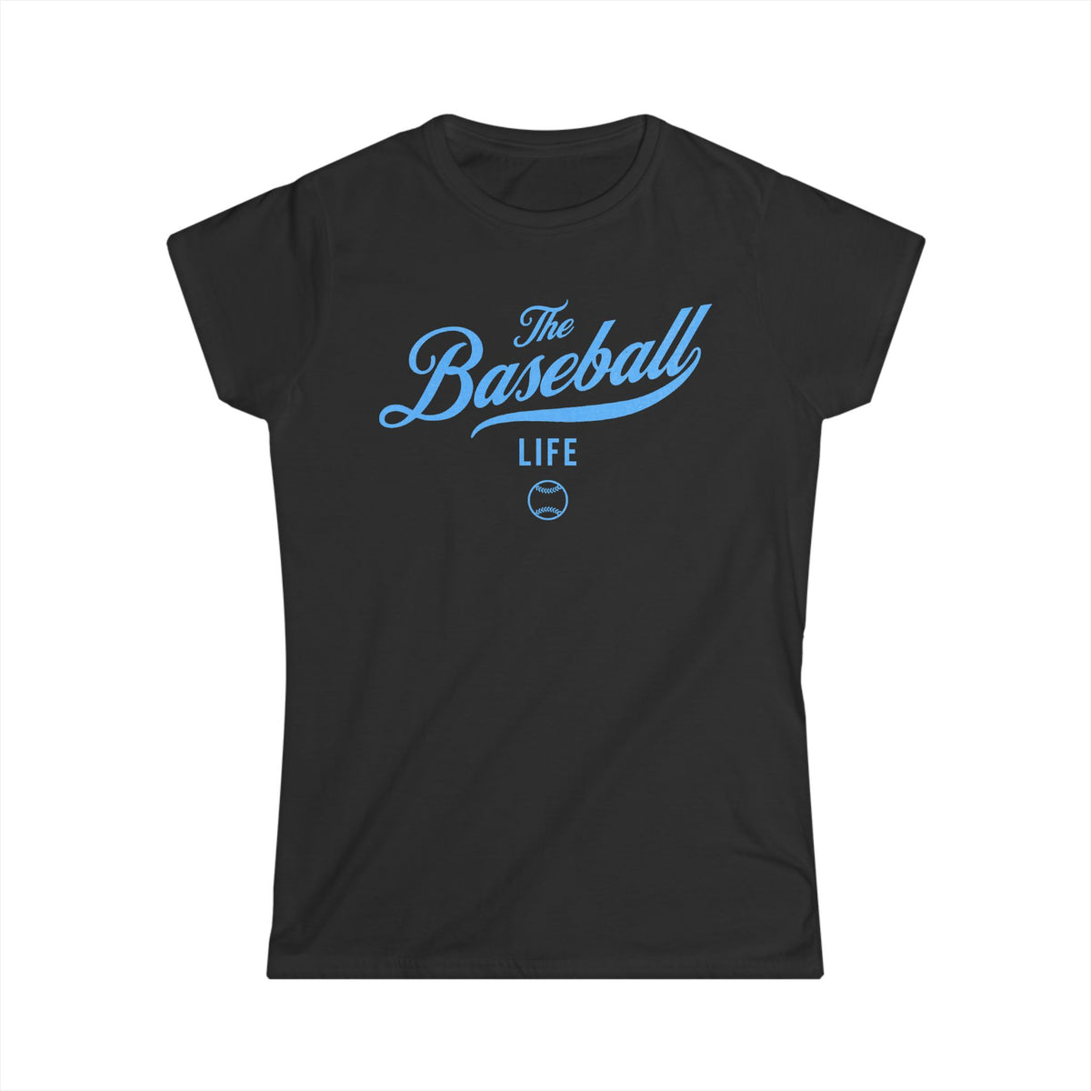 A women's black cap-sleeve crewneck t-shirt with a Carolina Blue logo graphic on the front reading 'The Baseball Life' and a small baseball icon, displayed on a solid white background.